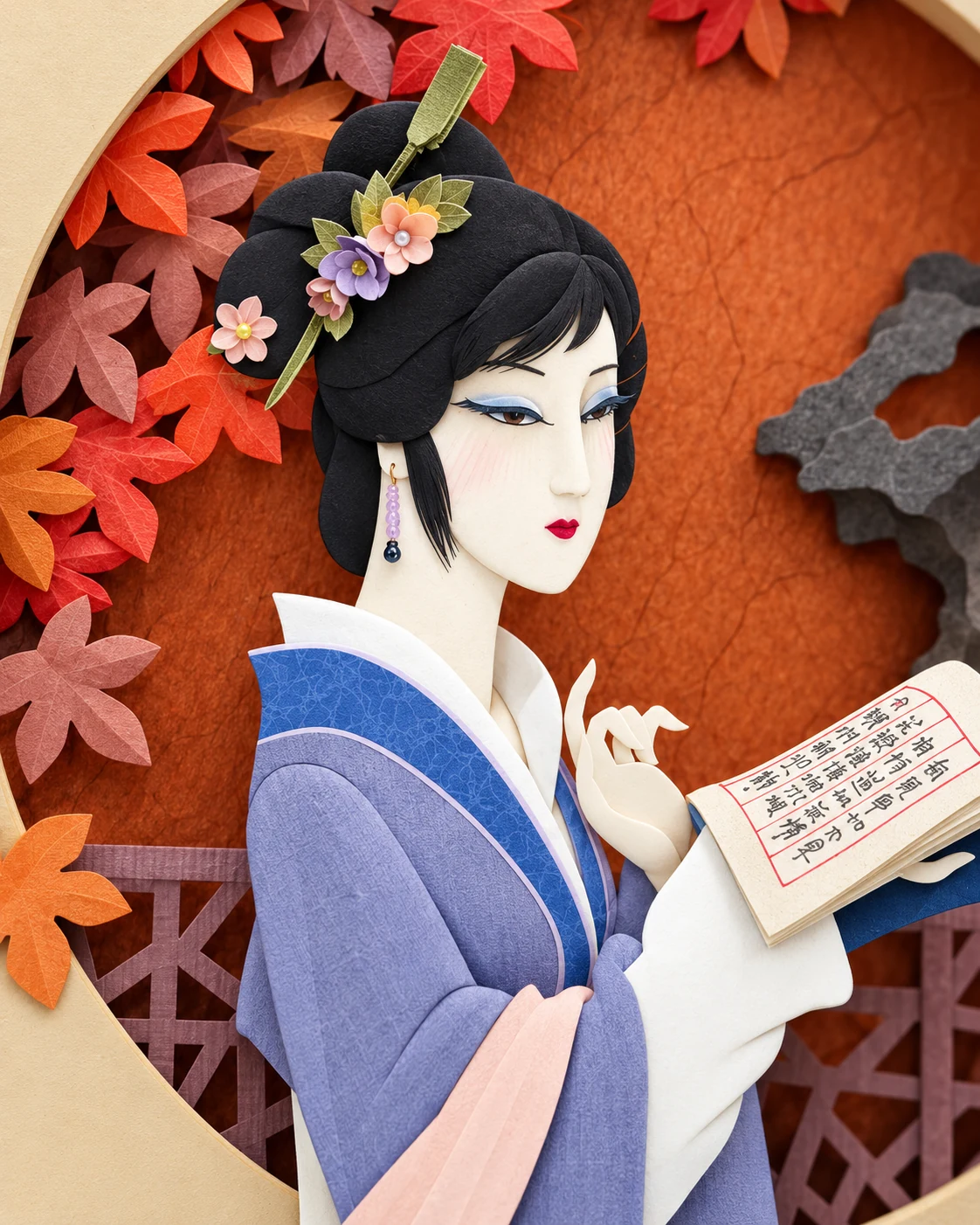 秋庭展卷臉部特寫，細看眼神、髮飾、五官與紙材層次