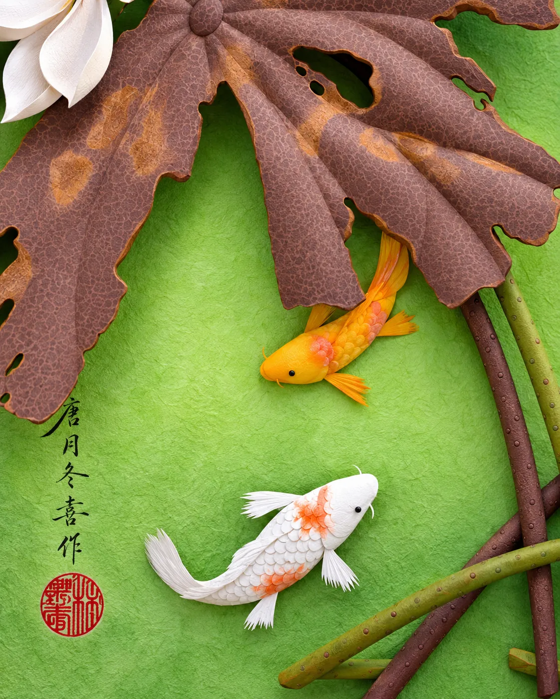 荷韻雙鯉特寫，完整呈現兩尾錦鯉的魚鱗、魚鰭與荷梗層次