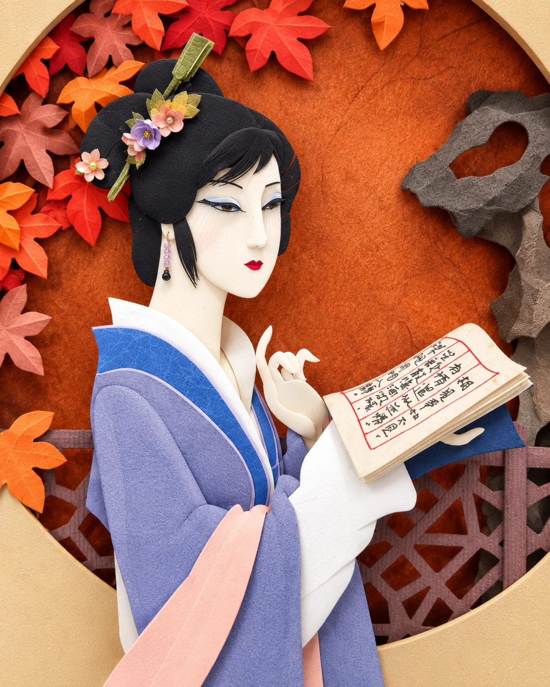 秋庭展卷人物、指尖與書頁特寫,呈現髮飾、衣褶和層疊紙材細節