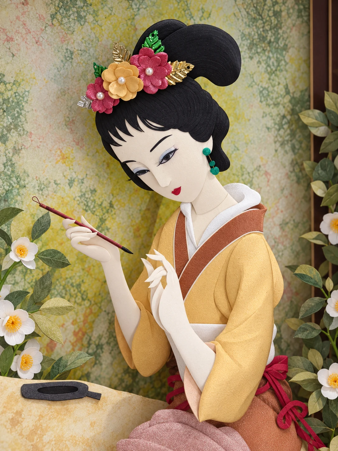 花間題墨人物細節原圖，完整呈現頭部、髮飾與兩隻手的持筆手勢